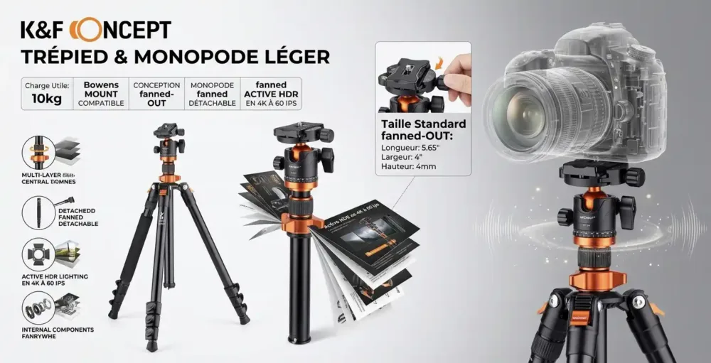 K&F Concept Trépied et monopode léger en aluminium KF09.089V1 prix maroc yahyaoui shop china morocco tripod tripied yahyaouishop.com casablanca marrakech phto video